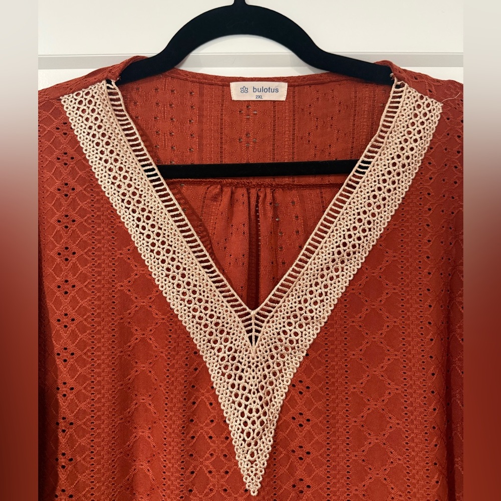 Rust V-Neck Lace Trim Blouse - Picture 2 of 2